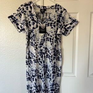 Bobeau Navy and White Tie-Dye Midi Dress